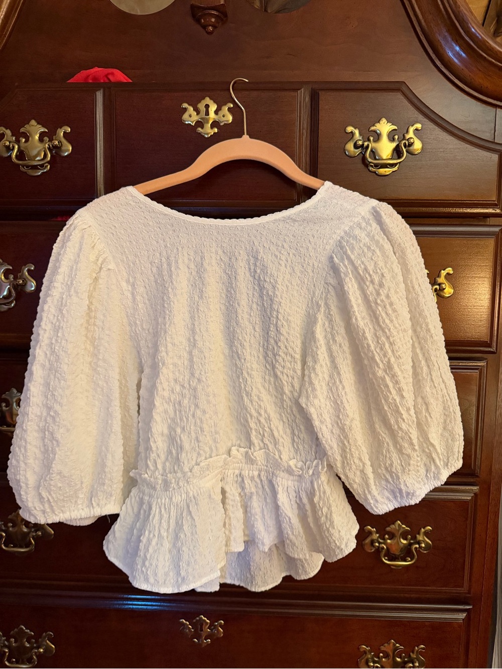 Free People White Textured Peplum Puff-Sleeve Top